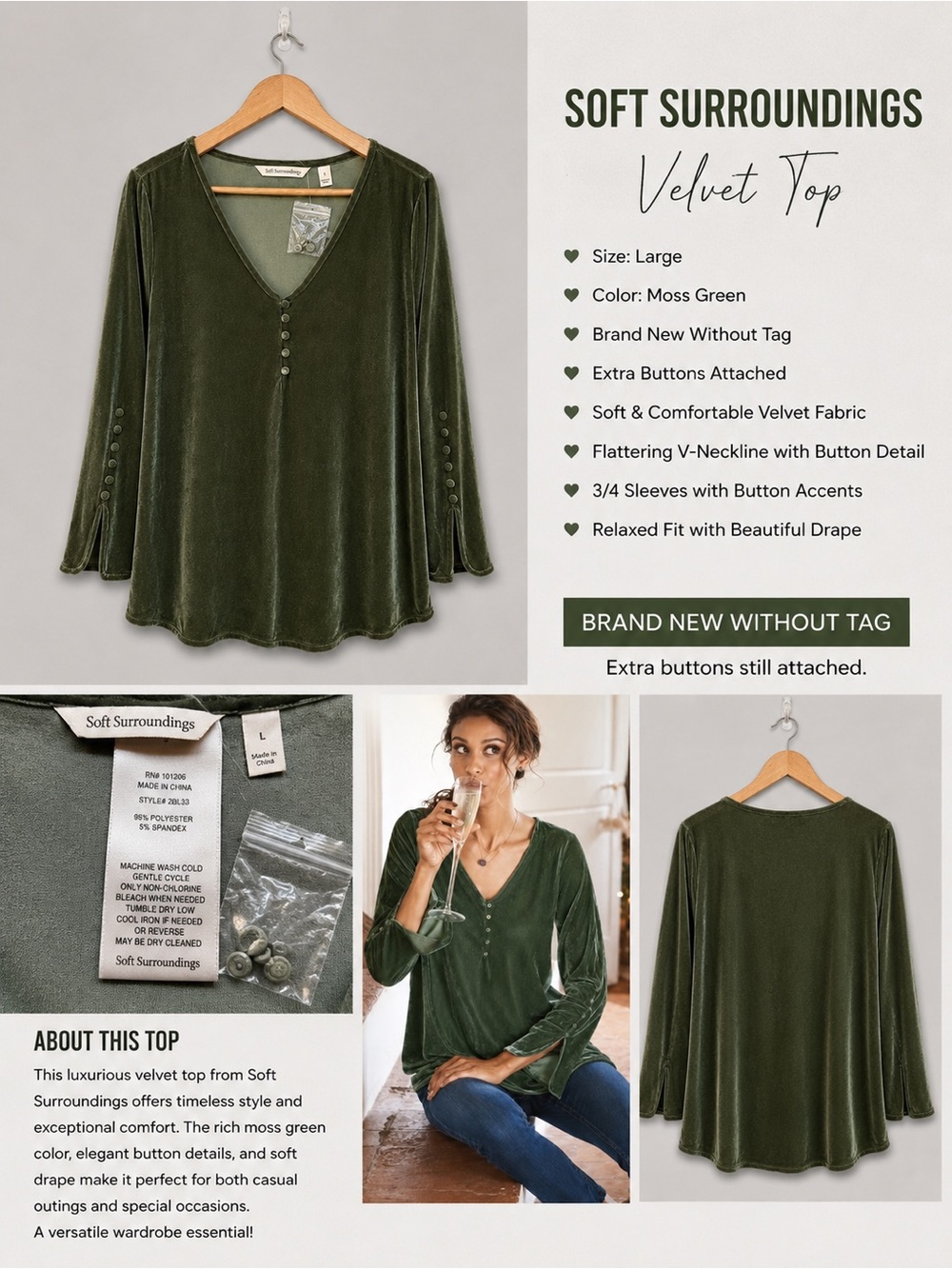 Soft Surroundings Green Velvet V-Neck Button Detail Top Size L NWOT